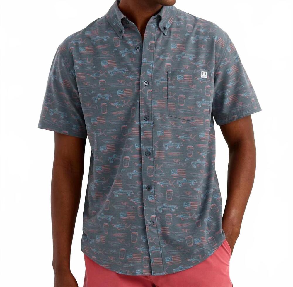 NEW HUK kona kc printed shirt in sea storm